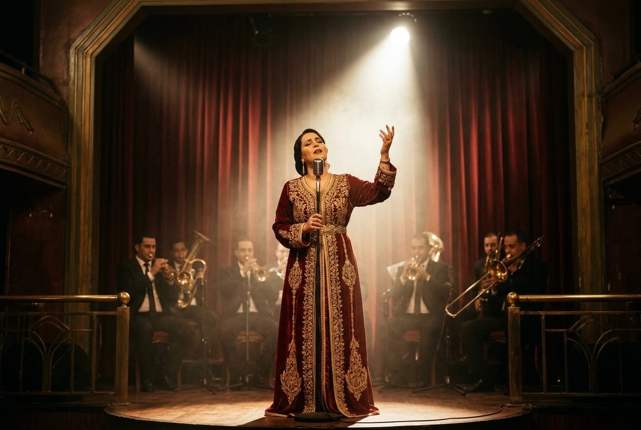 Une chikha chante au micro, orchestre de cuivres en fond, poursuite chaude