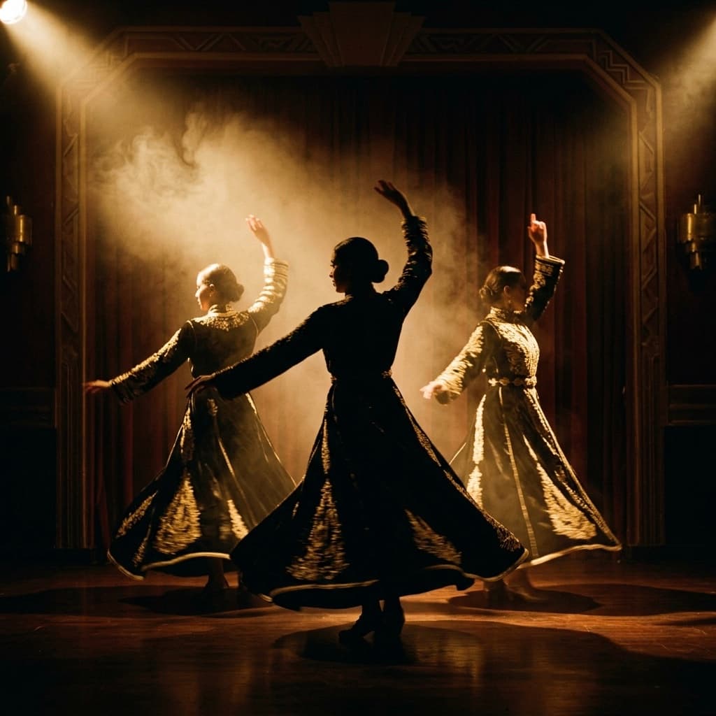 Trois danseuses en silhouette, costumes brodés en mouvement, contre-jour