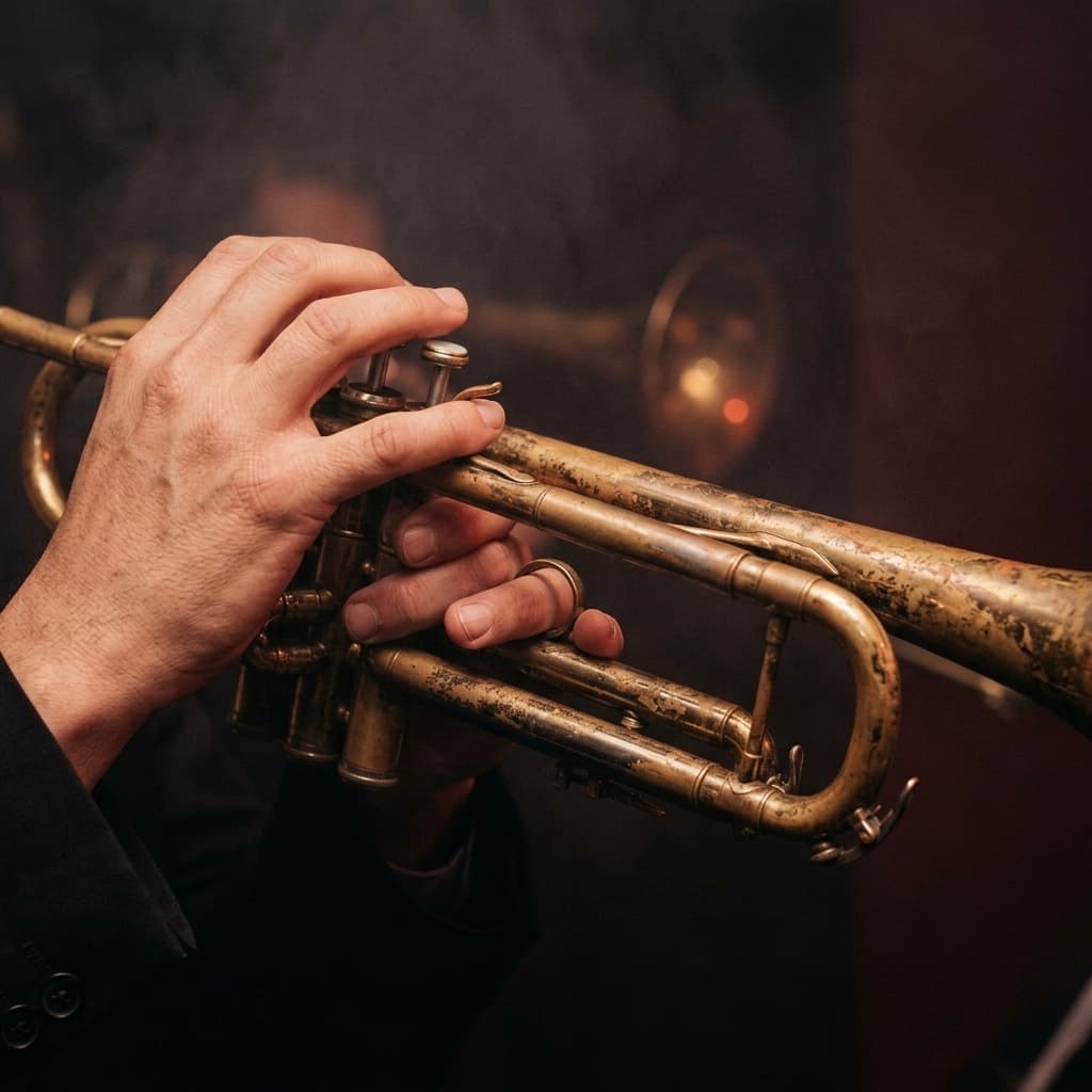 Mains d'un musicien sur une trompette patinée