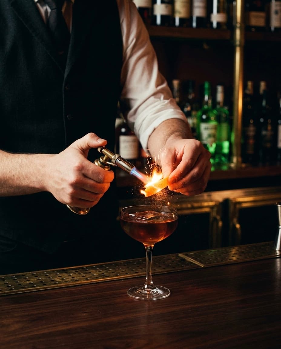 Le barman flambe une écorce d'orange au chalumeau au-dessus d'un cocktail